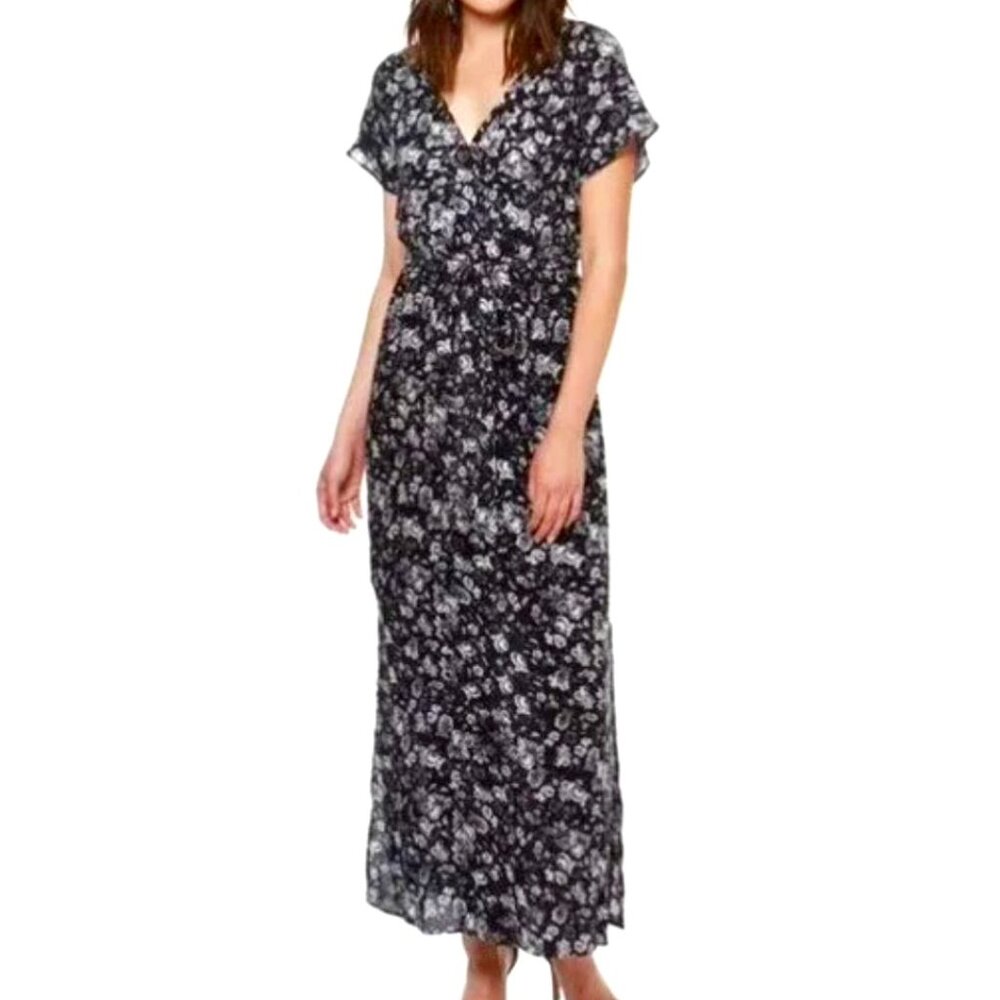 Lucky Brand | Short Sleeve Maxi Dress Black Floral Print V-Neck Side Slits | XS